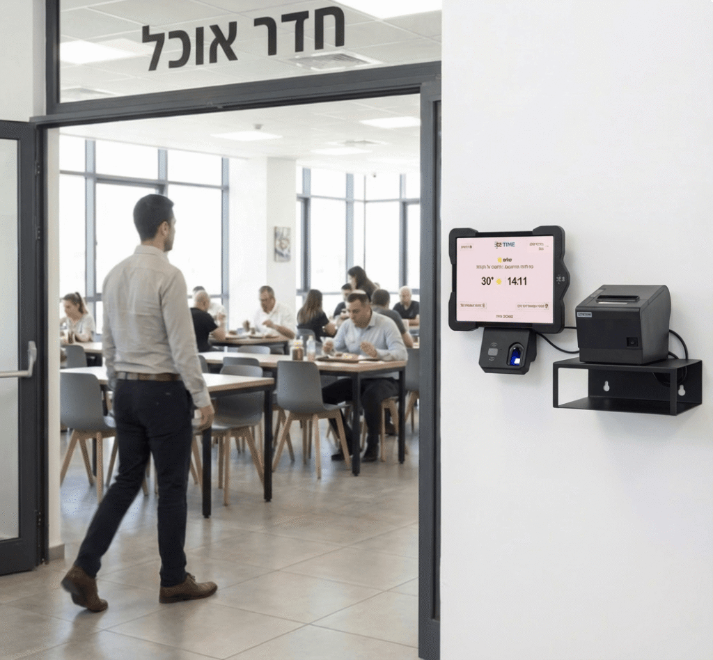טאבלט צמוד קיר ומדפסת בחדר אוכל, התקנה נקייה בלי כבלים